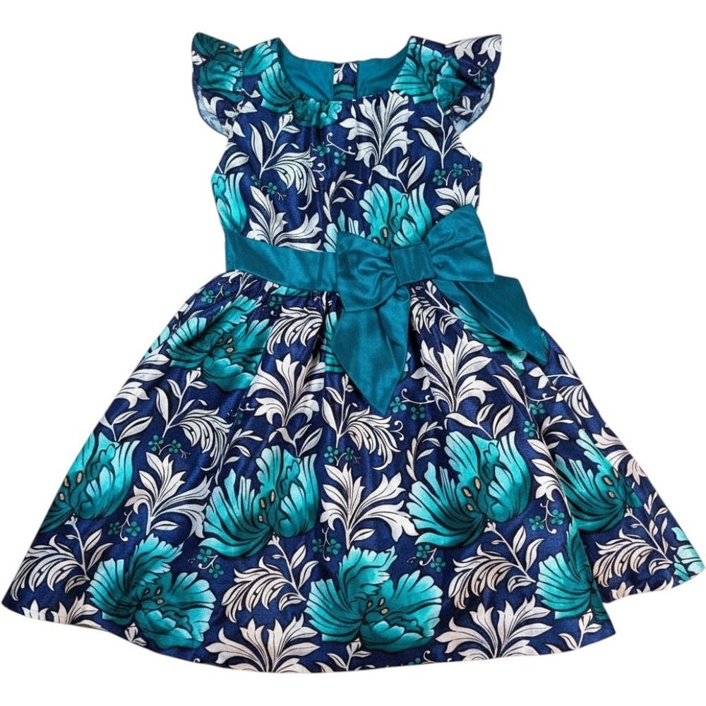 Gymboree Dressed Up Dress Girls 8 Teal Navy Floral Bow Party Formal